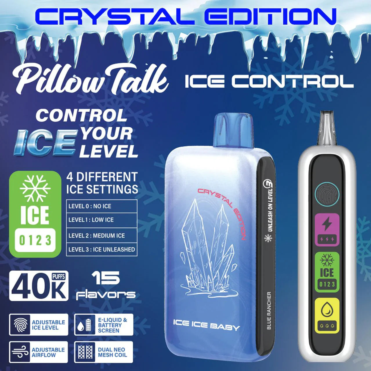 Pillow Talk Ice Control Crystal Edition IC40000 - Front View: 20ML high-capacity disposable device with LED screen and touch-adjustable ice control for customizable cooling levels, ideal for wholesale.