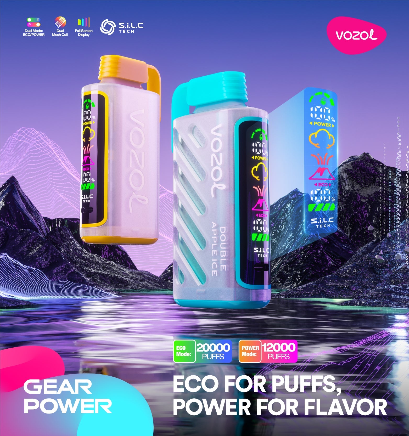 VOZOL Gear Power 20000 device with 20,000 puffs capacity and dual power modes.